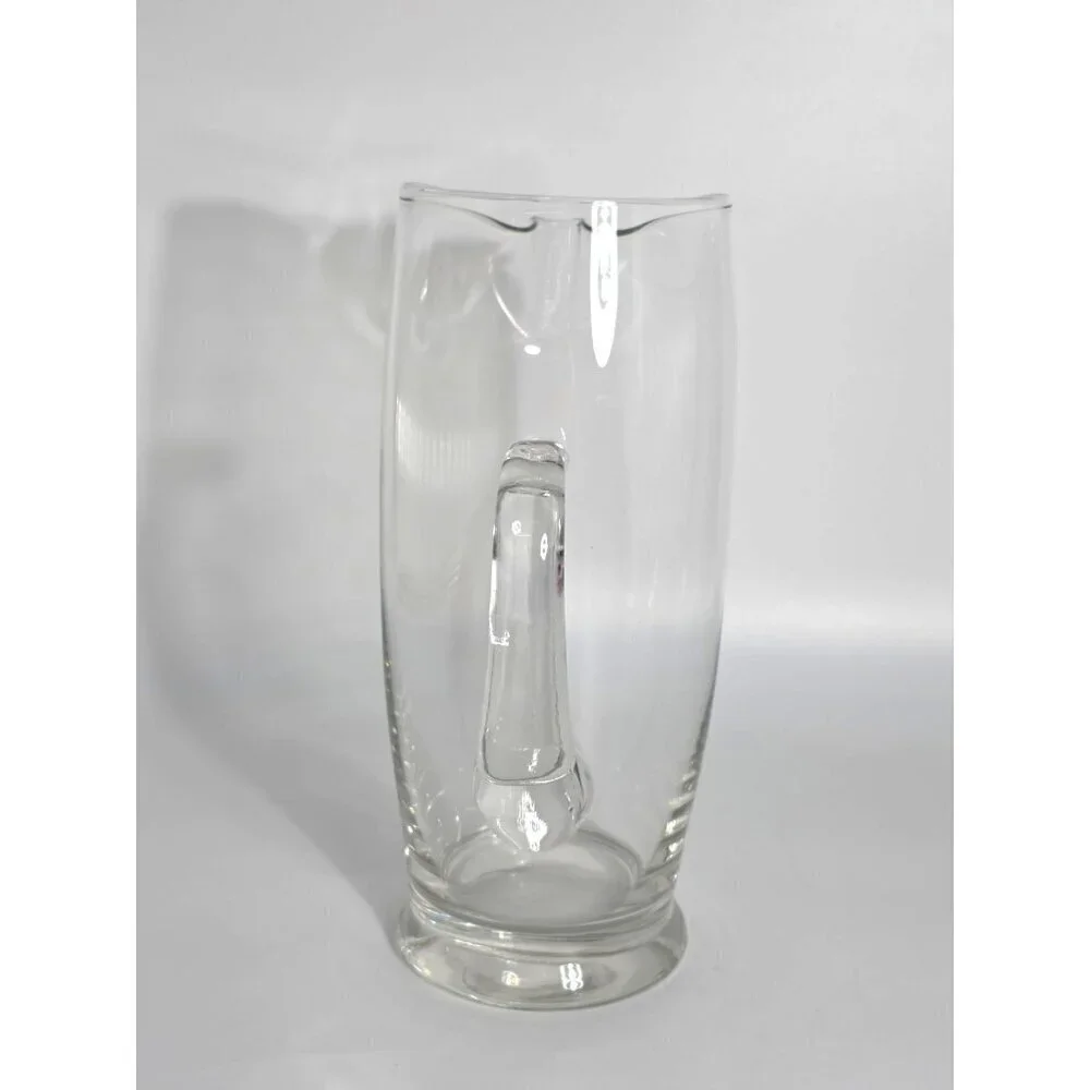 Large Vintage Clear Glass Pitcher With Handle & 4 Red Glass Cups For Drinks